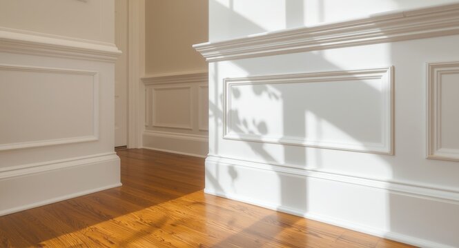 White MDF interior trim including cornice and chair rail with oak hardwood flooring and molding details