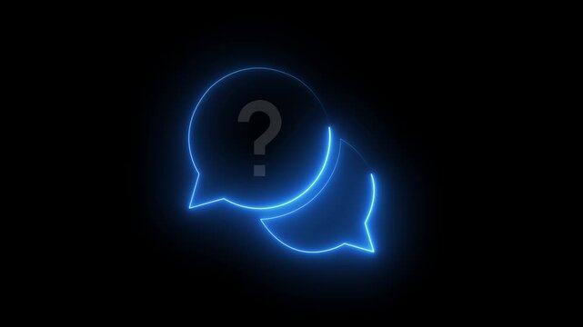 Neon glowing speech bubble question mark icon, red blue luminous chat symbol, digital support communication design on a black background