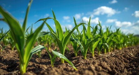 Obraz premium Early growth stage maize seedlings flourishing in sunny crop field