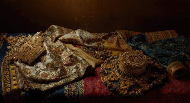 Malay ceremonial attire adorned with elaborate tengkolok head coverings