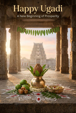 A traditional indian festival setup with a happy ugadi message