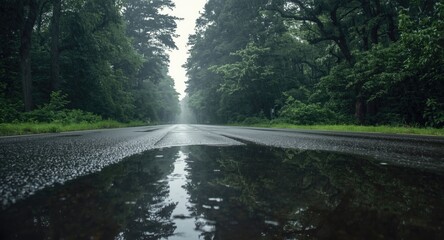 Fototapeta premium Puddles on wet asphalt road in forest captured on a rainy summer day panorama