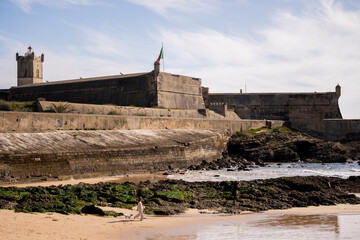 Person walking dog along Cascais rocky beach