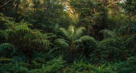 Fototapeta premium Natural dense forest rich with a variety of tropical fern trees