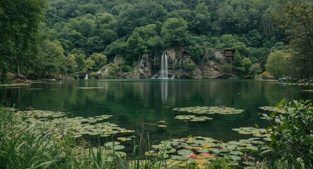 Tranquility by the lake with water falling on natural landscape and flora