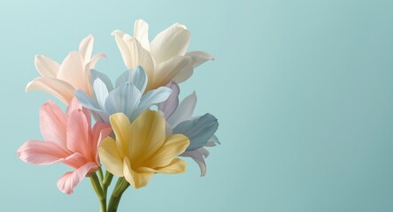Fototapeta premium Sharp focus on freesia flowers in a spectrum of colors against light cyan background