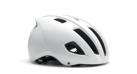 Detailed angled image of a white bicycle helmet on a pure white background