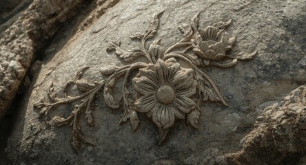Rocky surface featuring elaborate floral carving with artistic texture details