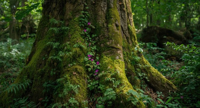Tree trunk covered with dense moss and terrestrial plants in a vibrant forest habitat