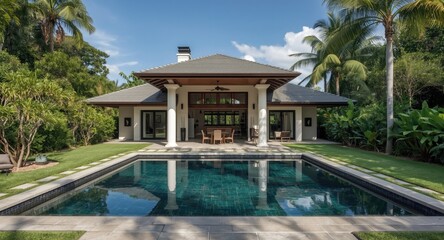 Fototapeta premium Refined tropical home showcasing a pool and lush outdoor surroundings