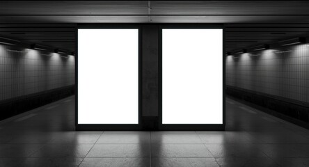Fototapeta premium Two vertical blank lightbox panels in underground corridor with text copyspace