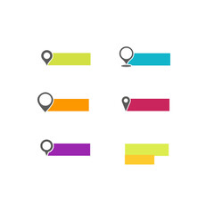 Fototapeta premium Set of five minimalist location pin infographic banners with colorful text boxes. Modern flat vector map markers in lime, blue, orange, red, purple.