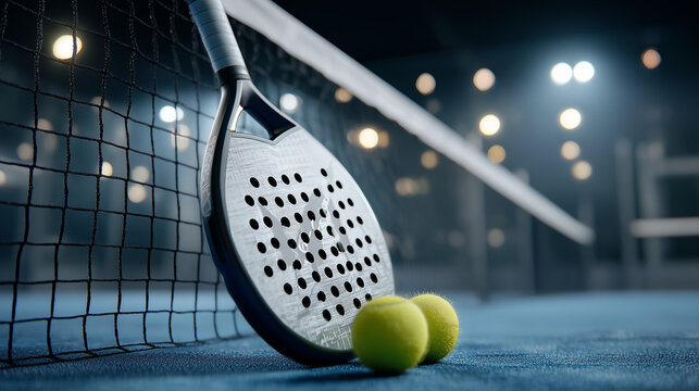 Ultra realistic cinematic front view shot of a padel racket leaning against the center net of a blue padel court, camera positioned straight in front at low height (eye-level with