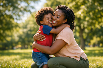 Happy Black Mother Hugging Laughing Toddler in Sunny Green Park