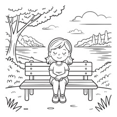 Cute Girl Sitting on Park Bench by Lake Coloring Page &ndash; Nature Scene Line Art Vector