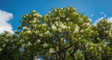 Magnolia tree displaying white flowering blooms and rich verdant leaves under blue skies