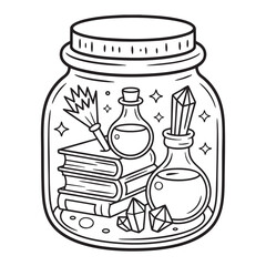 Magic Potion Jar with Books and Crystals Coloring Page Fantasy Line Art Vector Illustration