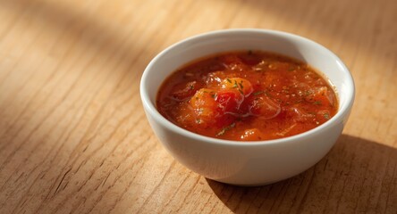 Traditional vinaigrette sauce with tomato and vinegar in white bowl over natural wood background