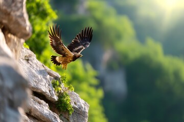 Eagle Lifting Heavy Prey While Losing Altitude Near Rocky Cliff in Natural Habitat