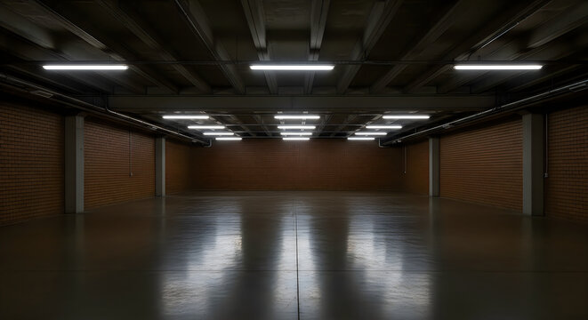 Empty industrial basement with brick walls and fluorescent lighting overhead