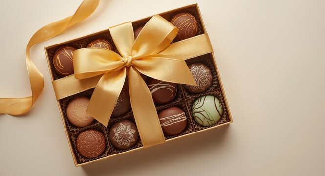Box of festive assorted chocolates tied elegantly with a golden ribbon
