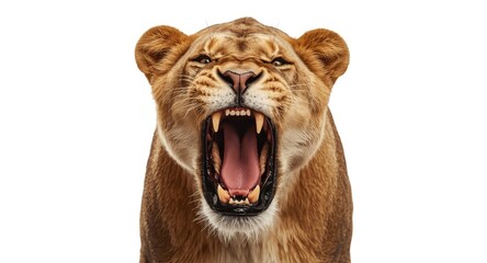 Obraz premium Close up image of a roaring lioness showing bold stance on pure white background