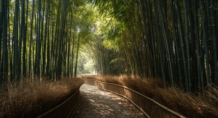 Obraz premium Calm bamboo grove pathway surrounded by rich green foliage and mellow sunlight