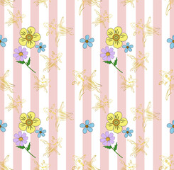 Pastel Floral and Goldfish Seamless Pattern &ndash; Cute Spring Stripe Background Design