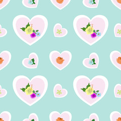 Romantic Heart Floral Seamless Pattern.  Pastel Valentine Background Design