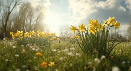 Fresh spring setting with bright yellow daffodils welcoming sunlight