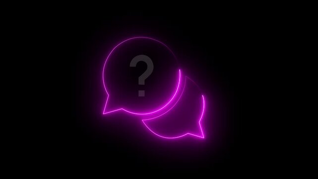 Neon glowing speech bubble question mark icon, red blue luminous chat symbol, digital support communication design on a black background