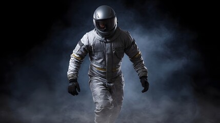 Naklejka premium A person in a full body protective suit and helmet walks forward through atmospheric smoke against a dark background