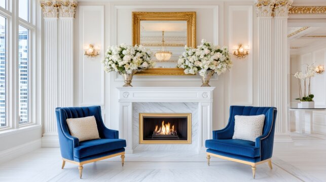Neoclassical interior, white marble fireplace surround, large gold framed mirror above mantel, blue velvet armchairs, white walls, decorative ceiling cornice