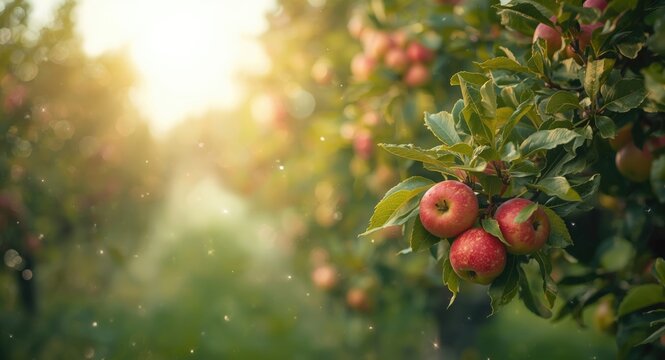 lush apple orchard featuring bunches of ripe apples on branches with copy space