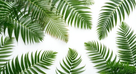 Fototapeta premium Dense tropical fern fronds with long arching leaves set on minimal white backdrop for overlay