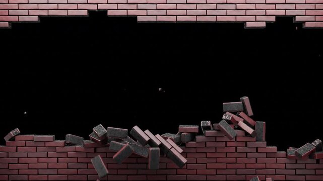 Exploding red brick wall. Textured brick background with alpha channel, transparent background, and space for text. Brick wall destruction animation. Hole in the brick wall for your design.