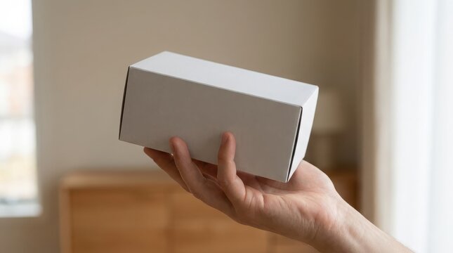 A human hand holding a simple white product box