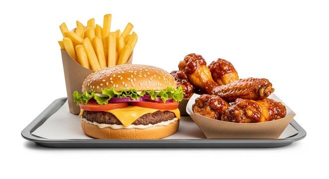 Fast food combo meal with a cheeseburger, french fries, and glazed chicken wings.