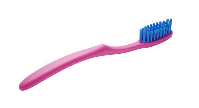 A pink and purple toothbrush with blue bristles lying on a white background