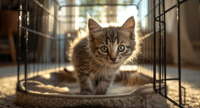 Playful kitten enjoying open pet crate in sunlit area