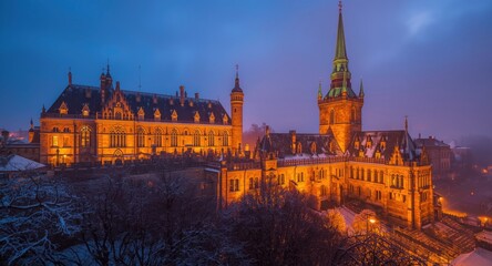 Obraz premium Beautifully illuminated fortress and cathedral at dusk during the winter holiday season