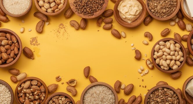 Shea butter and nut bowls arranged for a large format print on a bright background