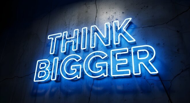 Bright blue neon sign displaying the motivational phrase think bigger mounted against a dark concrete wall