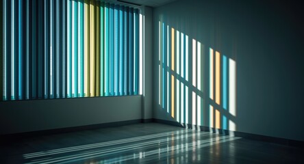 Obraz premium Sunlit work area featuring colorful vertical blinds and shadow patterns