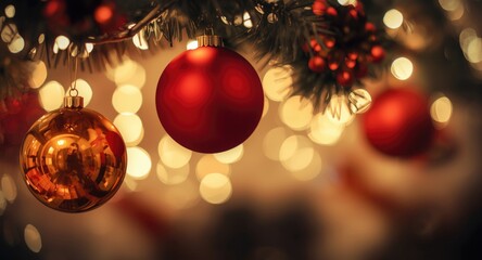Christmas season celebration with bright sepia background lighting and lively red and orange ornaments