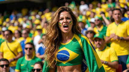 Obraz premium Brazilian Female Soccer Fan Cheering with Face Paint and Flag at Stadium with Crowd