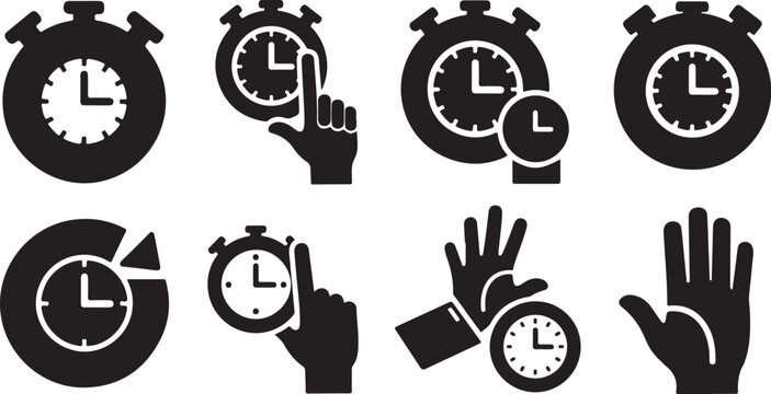 Black and white clock and hand time icons set