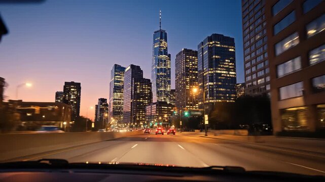City street at dusk with tall buildings and traffic on a road 4k video