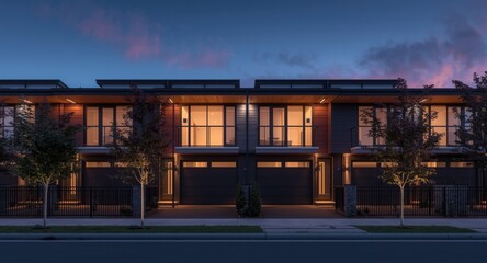 Modern townhouse facade with rich sunset light effects