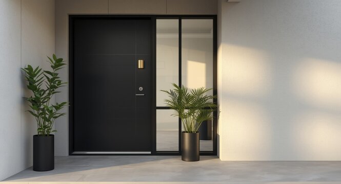 Minimalist modern house entryway featuring smooth black door and window frame with decorative potted plants